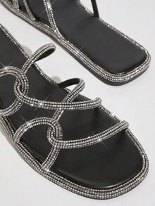 SHUZIA Women Fashionable Rhinestone Decorated Flat Sandals - Black - View 2