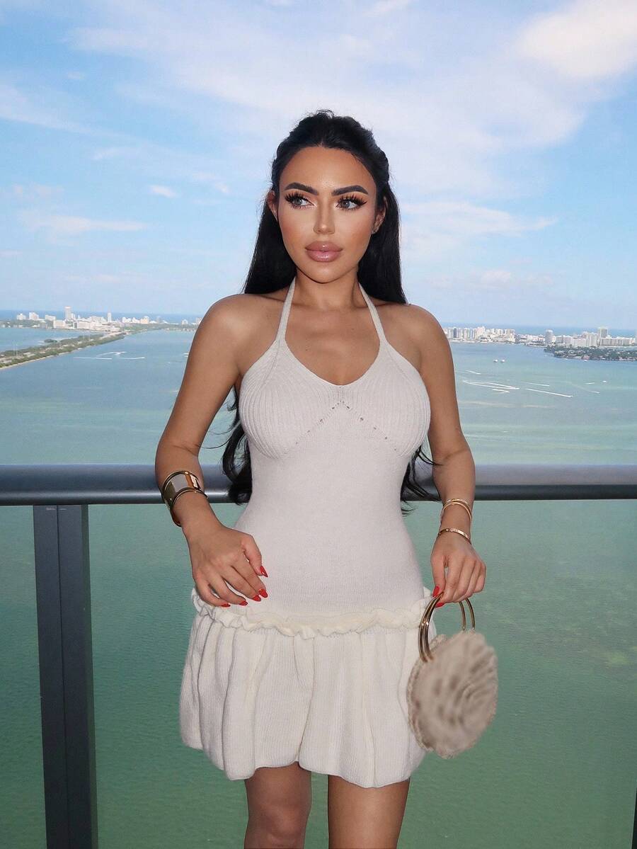 Durrani Popal 女士性感吊带交叉露背荷叶边针织连衣裙 - 米色 - 查看 1