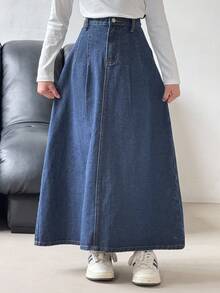 SHEIN Tween Girls Casual Elegant Dark Solid Washed Denim Long Skirt With Pleated, Fall/Autumn Winter Elegant Jeans Skirt,Business Professional Work Girl Oufits,Girls Back To School Homecoming Outfits, Jean Skirt, Jean Skirts For Women, Denim Skirt, Long Jean Skirt, Long Denim Skirt