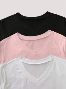 SHEIN Tricou de vară cu mânecă scurtă, culoare solidă, cu decolteu în V, mărime mare