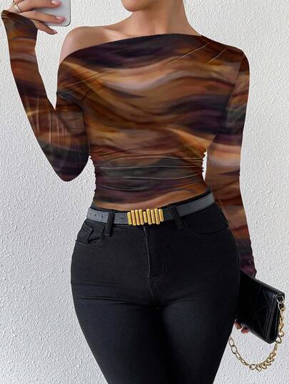 Elenzga Marble Gradient Print Asymmetrical Neck Long Sleeve T-Shirt With Pleats Graphic Tees Women Tops For Spring Fall Cloth For Women