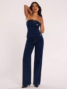 SHEIN BAE Women's Bandeau Top With Single-Breasted Design And Flare Pants Fashion Set - Medium Wash - View 4