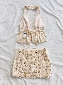 Soleia Bộ 2 món áo hở lưng buộc eo đính sequin gợi cảm cho nữ, thích hợp mặc khi dự tiệc, Giáng sinh, đêm hẹn hò, hộp đêm, bãi biển, du thuyền, trà chiều, phong cách Bohemian, Boho, kỳ nghỉ - Màu be - Xem 2