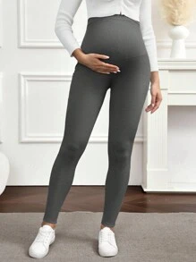 SHEIN 女士高弹力针织裹腹休闲时尚侧口袋孕妇紧身裤 - 灰色 - 查看 4