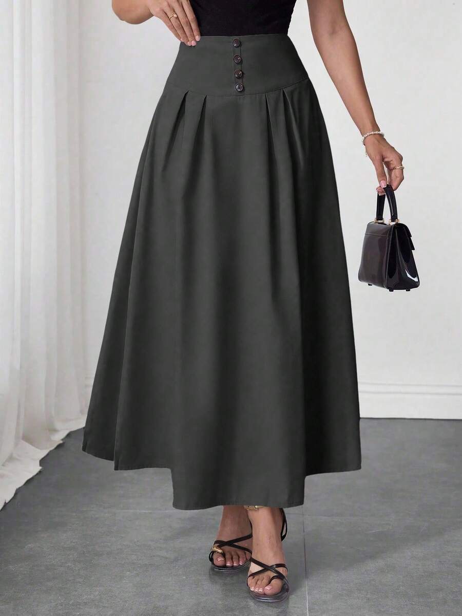 Modelyn Women's Elegent Office High Waist Solid Color Decorative Button Pleated A-Line Skirt,Autumn Grey Dark Green Olive Green Elegant Skirts