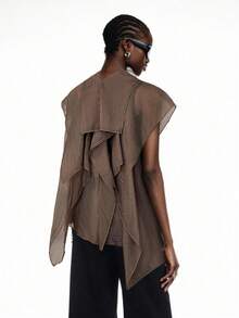 LYSMO Women's Coffee Brown Ruffled Collar Button Front Mesh Splice Elegant Bohemian Blouse - Coffee Brown - View 2