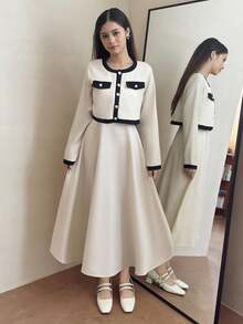 SHEIN 少女优雅梭织长袖夹克和可调节 A 字形吊带裙套装，秋冬 - 杏色 - 查看 4