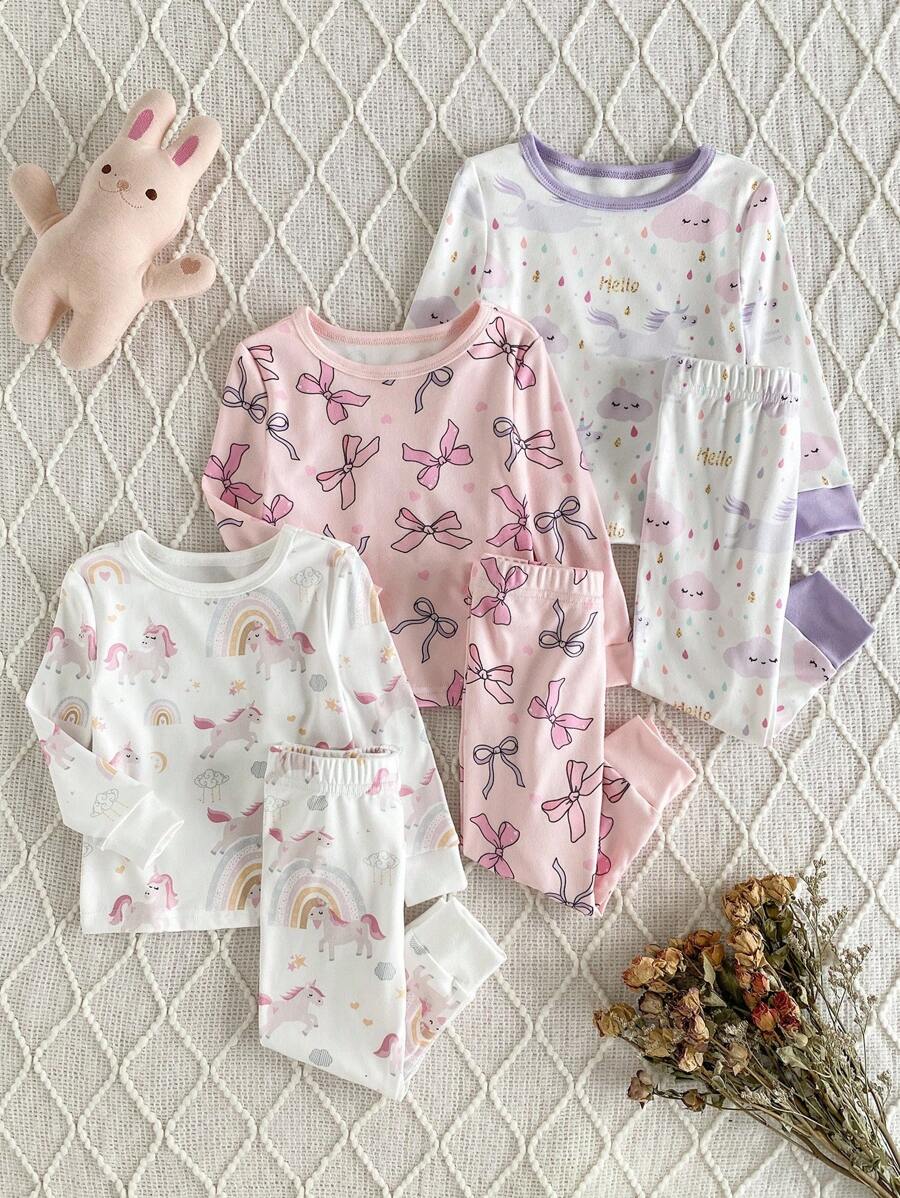 6 件套女婴舒适睡衣套装,可爱独角兽、飞马、蝴蝶结、彩虹、云朵印花,休闲简约设计,长袖上衣和裤子,适合返校、圣诞节、秋冬季 - 彩色 - 查看 1