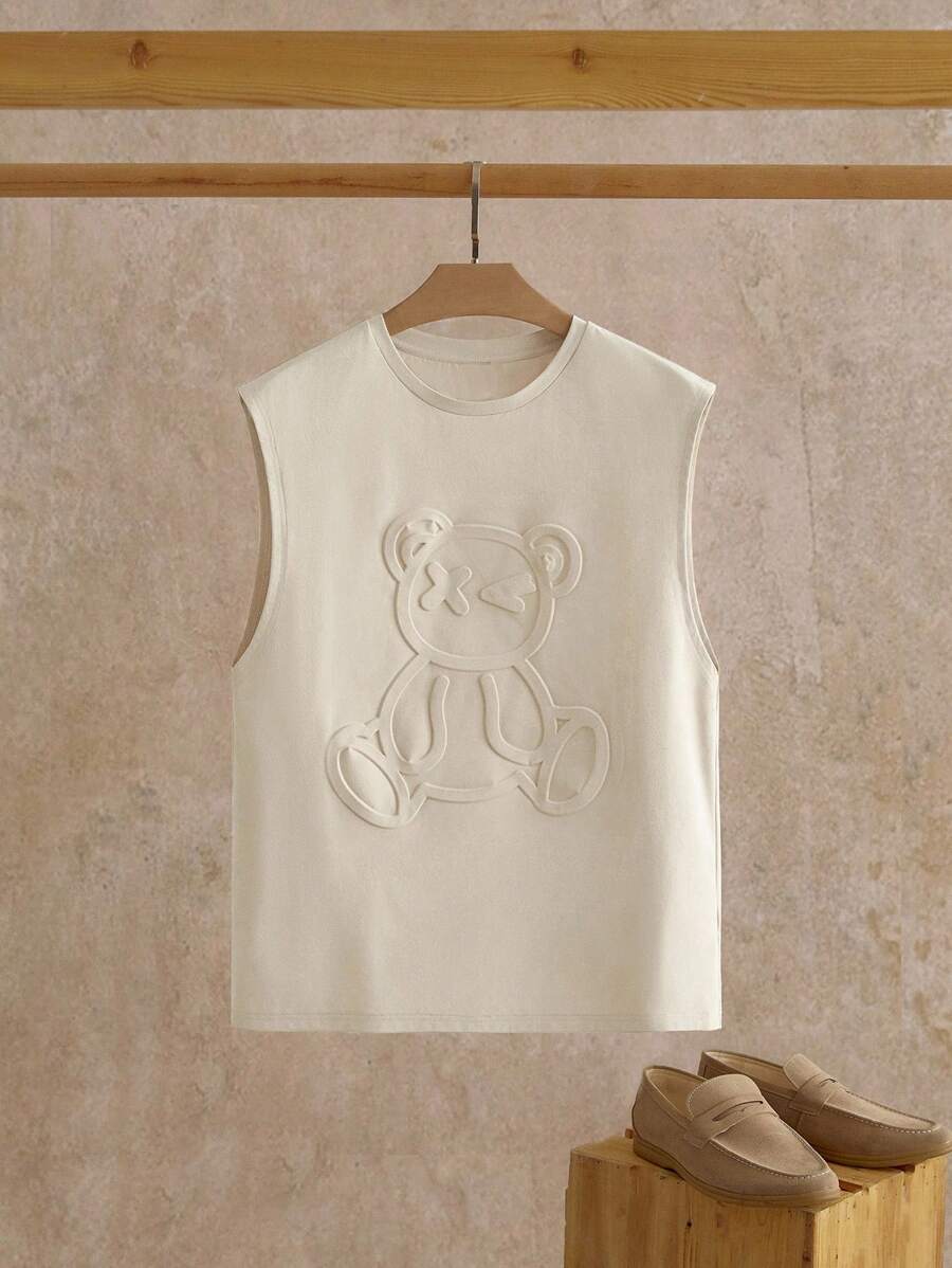 Manfinity NXTstreet 男士休闲针织熊图案压花修身无袖背心 - 卡其色 - 查看 1