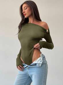 Aloruh Black Sophisticated Modern One Shoulder Long Sleeve Twist Metal Decor Bodysuit For Women,Fall - Army Green - View 6