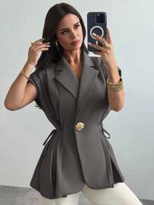 Firerie Ladies New Casual Elegant Versatile Metal Button Linen Brown Thin Suit Jacket/Imitation Linen Suit Jacket/Pleated Tie Top/Business Casual Woman/Teacher Outfits For Women/Vintage Clothes Women/,Fall - Grey - View 6