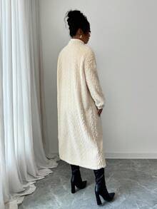 Elenzga Áo khoác cardigan dài có lớp lót giữ nhiệt, họa tiết lông mềm mại dành cho nữ, dáng rộng thoải mái - Màu be - Xem 2