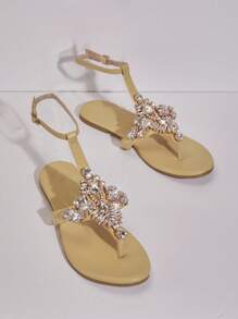 Phụ nữ trang trí bằng kim cương giả Giày đế bằng có ngăn cách ngón chân thông thường - Màu be - Xem 5