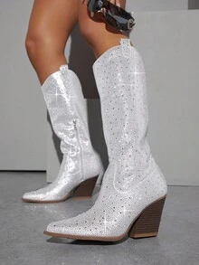 SHUZIA Rhinestone Side Zipper Western Boots Cowboy Boots - Silver - View 7