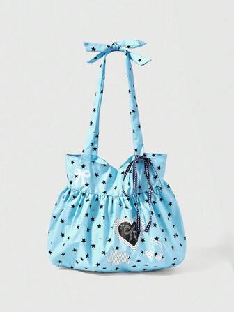 Anime Süße Schleife Vintage Herz-förmige Damen Schultertasche, minimalistisch mit Polka Punkten, Sommer Blumen & Musiknoten, großes Fassungsvermögen, geeignet für den täglichen Gebrauch und kann Laptop aufnehmen