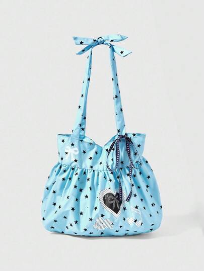 Anime Cute Bow Vintage Heart Shaped Women's Shoulder Bag Minimalist Polka Dot Summer Flower & Music Note Large Capacity Tote Bag, Suitable For Daily Commute And Can Fit Laptop