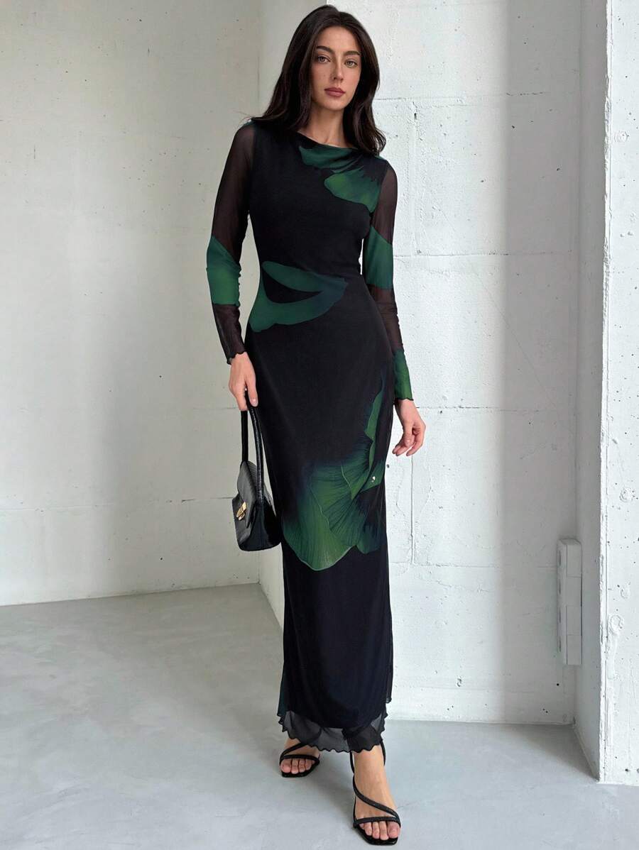 Aloruh Elegante vestido de cóctel con cuello de barco, manga larga, estampado de teñido anudado y malla, apto para otoño/invierno