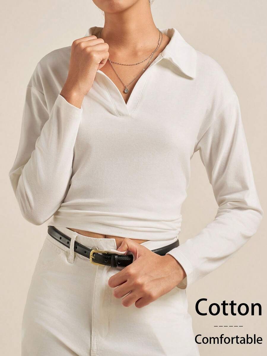 Airaco 女士纯色休闲长袖翻领T恤 - 白色 - 查看 1