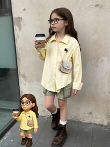 SHEIN Genkimix Kids 1 件女童翻领长袖纽扣条纹衬衫，正面绣有图案，秋季休闲上衣 - 黃色 - 查看 5