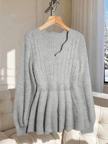 Reflora Sweter damski w dużym rozmiarze z warkoczowym wzorem, dekoltem w serek, rękawami typu latarnia, sweter w dużym rozmiarze, sweter w dużym rozmiarze, szary, dekolt w serek, długie rękawy, rękawy typu latarnia, wygodny i miękki w talii, wzór liści lotosu, codzienny, swobodny sweter, jesień, zima, jesień, zima, wieczorne wyjście, wyjście, styl vintage, damski, odpowiedni na wiele okazji, Halloween, Boże Narodzenie