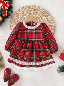 SHEIN This Is A New Fashion Collection For Baby Girls In Spring And Autumn. It Features A Red Brushed Check Round-Neck Lace Puffed Sleeve, A Retro School Sweet Zipper Long-Sleeved Dress. It's A Must-Have For Daily Wear Fall Winter