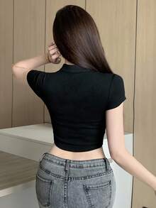 DAZY Women's Solid Color Stand Collar Hollow Out Short Sleeve T-Shirt - Black - View 5