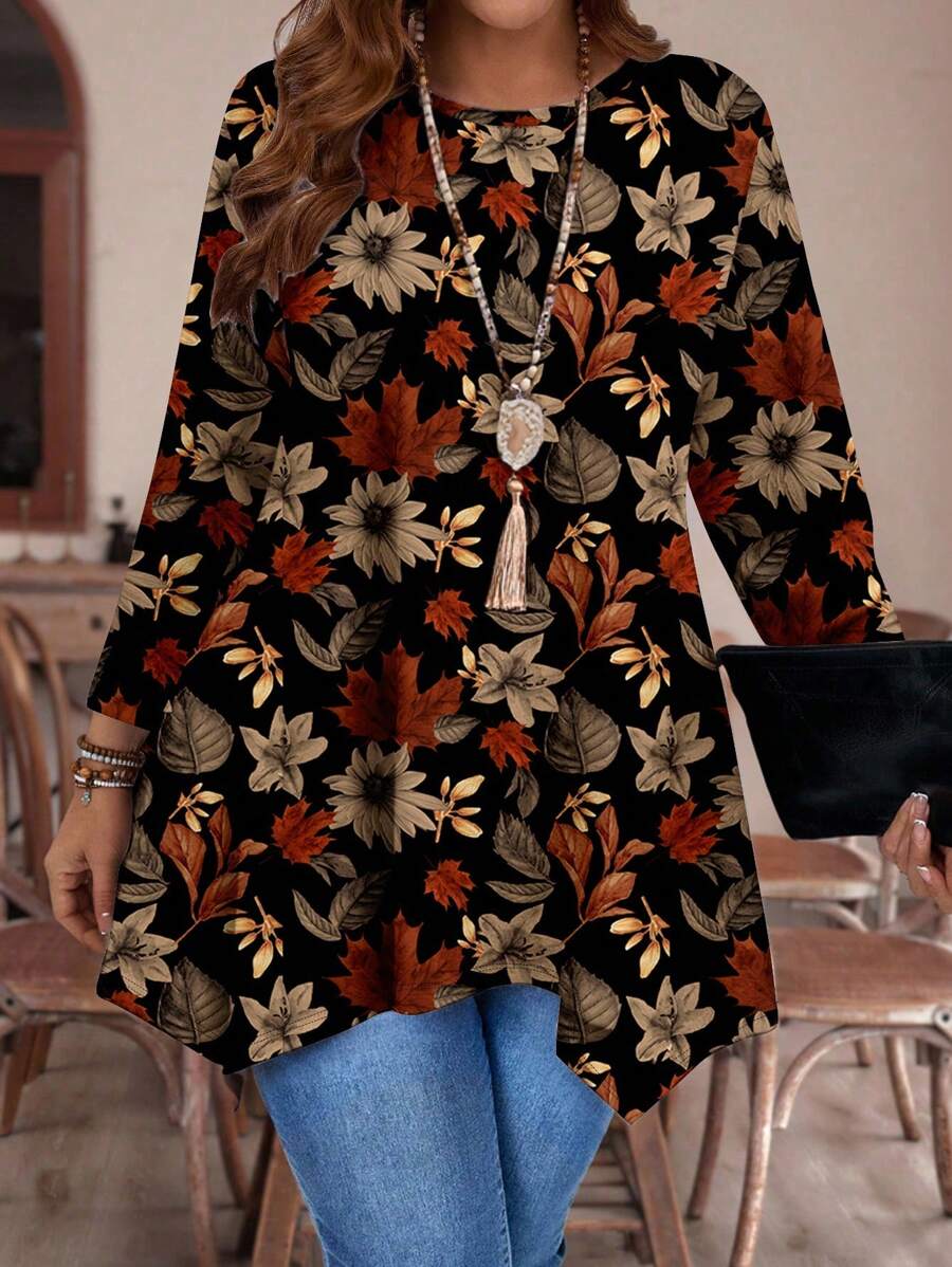 Mellowie 大码女式休闲浪漫复古印花不对称下摆宽松圆领T恤，适合夜间外出、教师秋季穿着，印花长袖上衣，女士长袖衬衫 - 彩色 - 查看 1