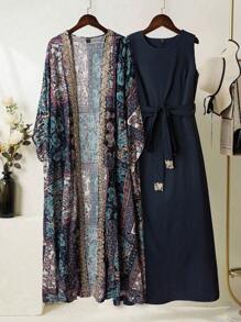 Al Najma Women's Solid Color Sleeveless Dress + Paisley Print Robe Arabic Style Set - Navy Blue - View 1