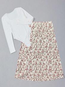 SHEIN Unity Bộ đồ liền thân hai mảnh cổ vuông dài tay màu trơn và chân váy in hoa toàn thân cho nữ - Nhiều màu - Xem 2