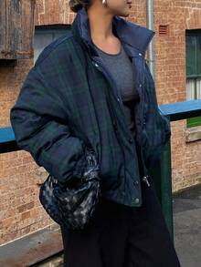 DAZY 女士双面格子绗缝外套，适合秋冬季节穿着，Y2K风格 - 棕色 - 查看 11