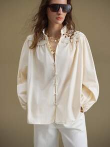 Ontre 2025 New Women's Hollow Embroidery Patchwork Button Lantern Sleeve Loose Fit Casual Office Elegant Teacher's Day Blouse, Suitable For Autumn/Winter