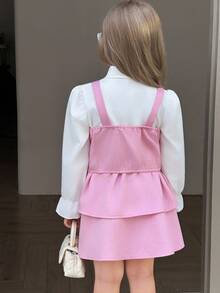 SHEIN Elladie kids 3件套女童时尚蝴蝶结装饰吊带背心搭配白色长袖衬衫和可爱粉色裙子，秋冬套装 - 杏色 - 查看 2