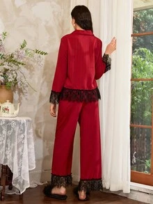 Côtesoire 法式优雅浪漫蕾丝拼接女士睡衣套装，秋季服装，圣诞节 - 酒紅色 - 查看 2