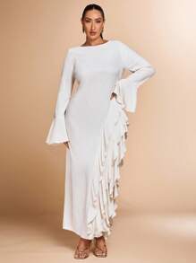 SHEIN BAE 大码女式喇叭袖长袖荷叶边下摆连衣裙，纹理连衣裙，适合秋冬季 - 米色 - 查看 6