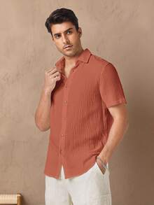 Manfinity NXTstreet 男士纯色休闲舒适短袖衬衫，夏季 - 棕色 - 查看 5