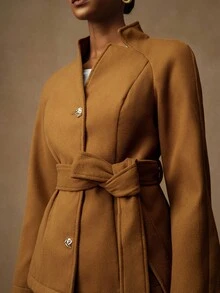 Lyxana Women's Elegant Solid Color Metal Buckle Waist Belt Woolen Coat - Brown - View 6
