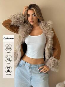 SHEIN ICON Women's Faux Fur & Suede Patchwork Jacket, Western Style, Retro Y2K Sexy, Autumn/Winter