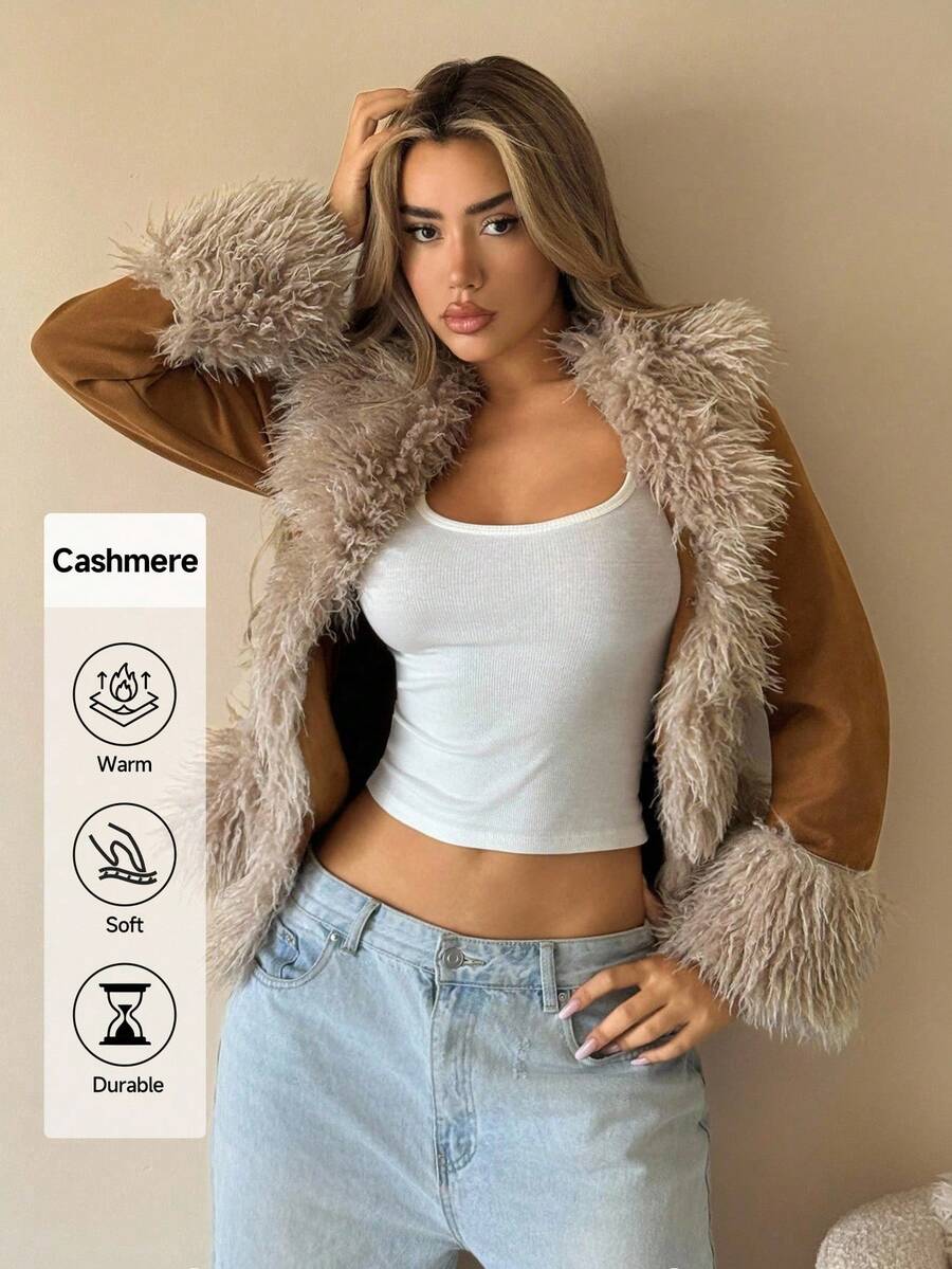 SHEIN ICON Women's Faux Fur & Suede Patchwork Jacket, Western Style, Retro Y2K Sexy, Autumn/Winter