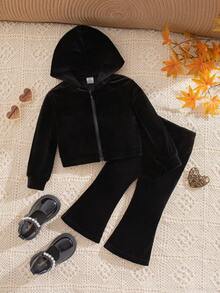 SHEIN Babygirl 可爱休闲天鹅绒连帽外套和松紧腰裤套装 - 黑色 - 查看 1