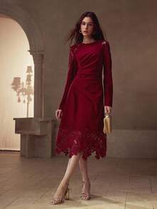 MOTF PREMIUM CONTRAST LACE RUCHED DRESS - Burgundy - View 1