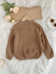 SHEIN 女童纯色3D立体花卉圆领宽松休闲毛衣，适合日常穿着，可爱毛衣，少女毛衣，校园风，适合秋冬季节，日常上学穿着，姐妹装，适合秋季休闲保暖穿着，圣诞节女童针织毛衣，少女毛衣，女童针织衫，女童秋季棕色毛衣，女童棕色毛衣，棕色针织毛衣，女童秋季毛衣，棕色毛衣，棕色毛衣花朵贴花女童棕色毛衣 - 卡其色 - 查看 3