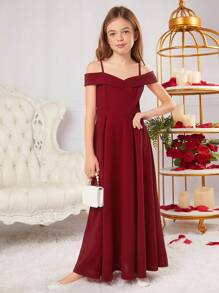 SHEIN Serisse Kids Tween Girl Elegant & Glamorous Off-Shoulder Strap Party Dress