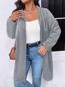 EMERY ROSE Plus Size Casual Solid Color Hooded Jacket Fall Winter Cloth For Women Autumn - Light Grey - View 4