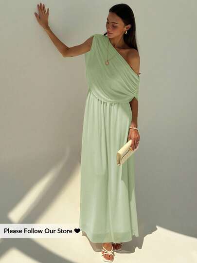 Aloruh New Draped Shoulder Ruched Decor Slim Fit Extra Long Flowy Maxi Party Vacation Versatile Lightweight Dress,Wedding Guest Dress,Prom Dress,Fall Wedding Guest Dress,Wedding Guest Dress Women