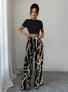 Elenzga 女士纯色圆领短袖上衣和链条印花休闲裤 2 件/套 - 彩色 - 查看 4