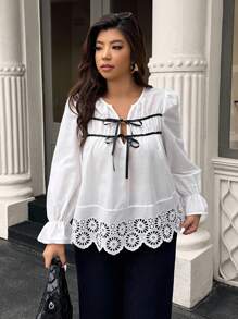 Easura Blouse ample à manches longues et col V pour femmes grandes tailles, avec nœud à l'avant et design ajouré brodé - Blanc - Voir 6