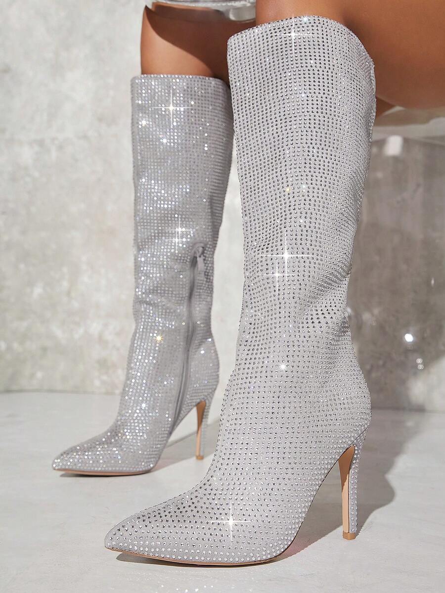 SHUZIA Rhinestone Pointy Toe Knee High Boots - Silver - View 1