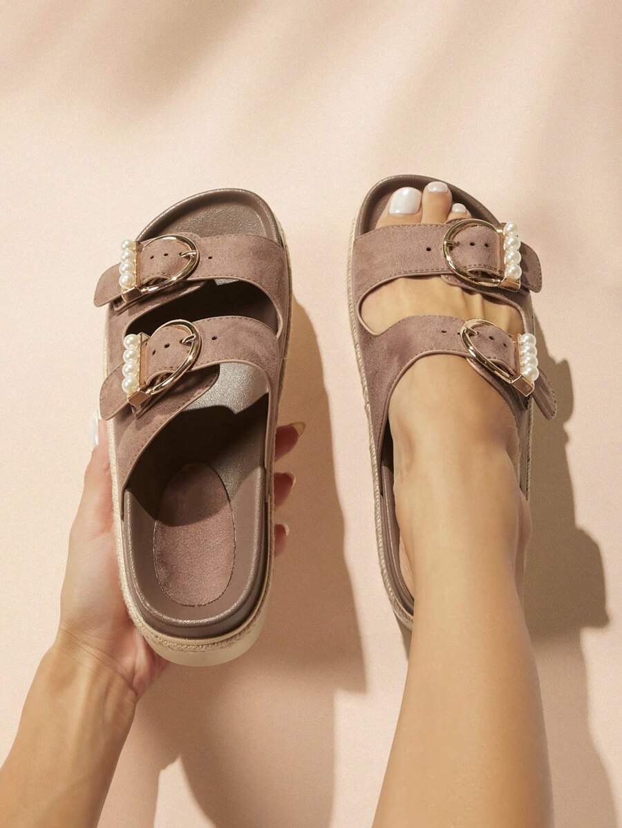 SHUZIA Ladies Pearl Embellished Wedge Heel Platform Sandals, Suitable For Daily Wear - Brown - View 1