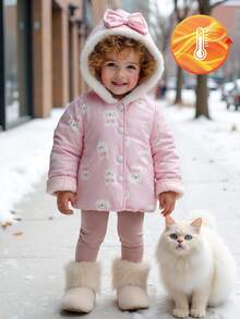 SHEIN 女宝宝休闲可爱兔子印花加厚长袖连帽棉衣，冬季 - 粉色 - 查看 1