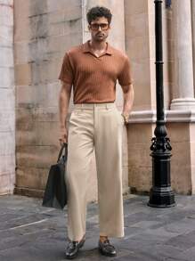 HIMLAND Men's Casual Woven Mid-Waist Wide Leg Pants, Suitable For Daily Wear Beige Pants For Men Men Flared Pants With Split Sides Men Flared Dress Pants Western Pants, For Fall, Old Money